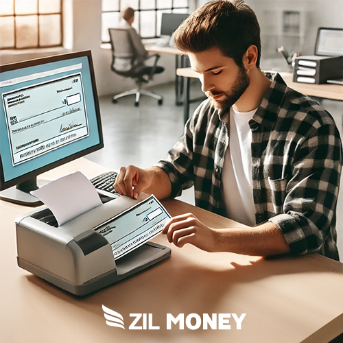 A Man Sitting Next to a Monitor And A Printer Printing Checks. Print Checks Online A Better Investment Than Cheap Check Orders