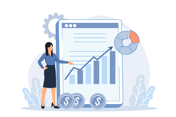 A Woman Presents Financial Data on a Large Mobile Device Screen with Graphs and Coins, Illustrating a Business Analytics Concept, with a Focus on Software For Bookkeepers.