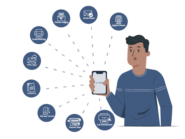 A Man Holding a Phone Surrounded by a Variety of Payment Icons, Showcasing the Simplified Small Business Payroll Software and Comprehensive Capabilities for Efficient Financial Transactions.