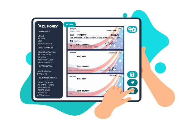 A Hand Is Holding an iPad with a Screen Showing Customize Payroll Checks and Print Payroll Checks Efficiently