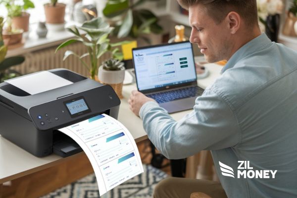 A Person Printing Checks Using Regular Printer. Eliminate Check Printing Costco Order Delays for Your City Utility Company with the Efficient Solution!