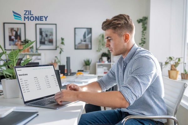 A Person Working On a Laptop Send Invoices Online Payment