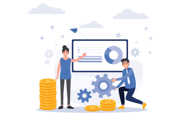 A Man and a Woman Standing Next to a Board with Coins and Gears, Managing Pay HROne Payroll By Credit Card.