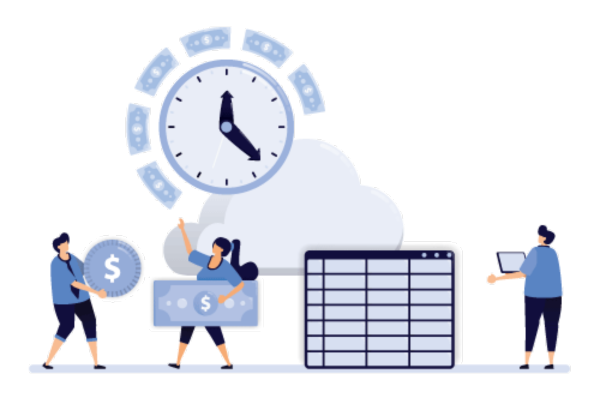 A Group of Business People Standing in Front of a Clock with Pay IRIS Payroll By Credit Card Payment Solution