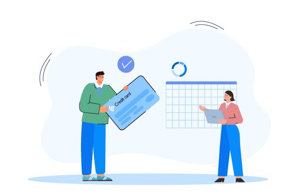 A Man and Woman Stand Beside an Excel Sheet, Symbolizing GreytHR Payroll By Credit Card Payment Options