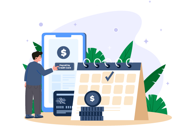 A Man Makes Credit Card Payment via Mobile Alongside a Calendar, Symbolizing Flexible Payment Solutions for Hourly Payroll Funding By Credit Card