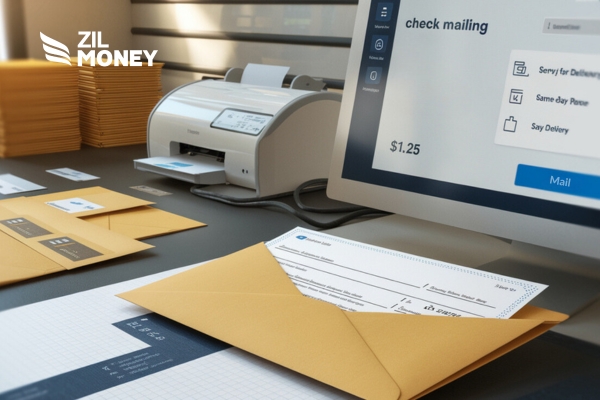 An Envelop And Screen Showing Check Mailing Online, Online Check Mailing Solution – Make Payments Easy and Quick for Your Moving Services!