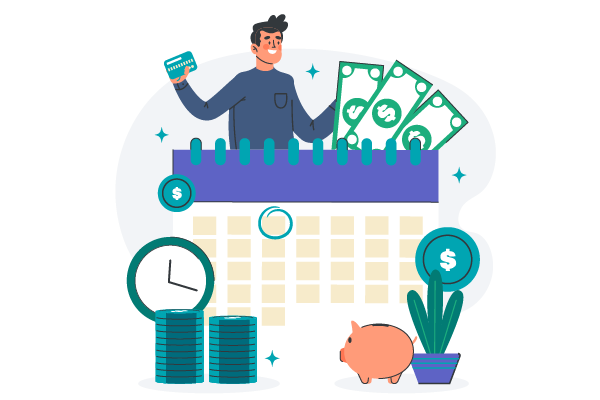 A Man Holds Cash and Credit Card alongside a calendar, Symbolizing Flexible Payment Solutions for Pay Workday Payroll By Credit Card