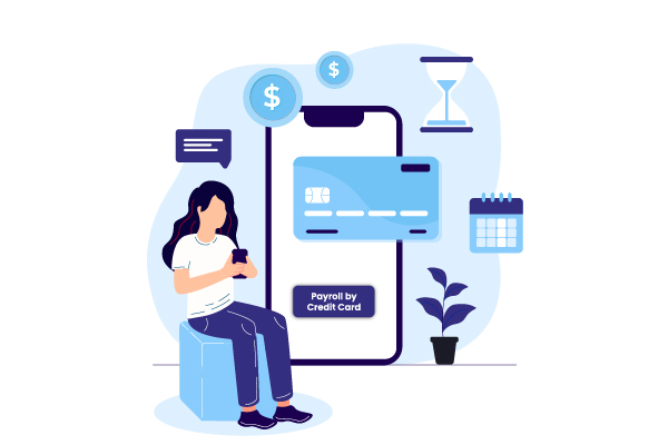 A Woman Sitting On a Chair, Using A Smartphone And a Credit Card to Manage Payroll and Optimize Cash Flow. Fund GP Payroll By Credit Card