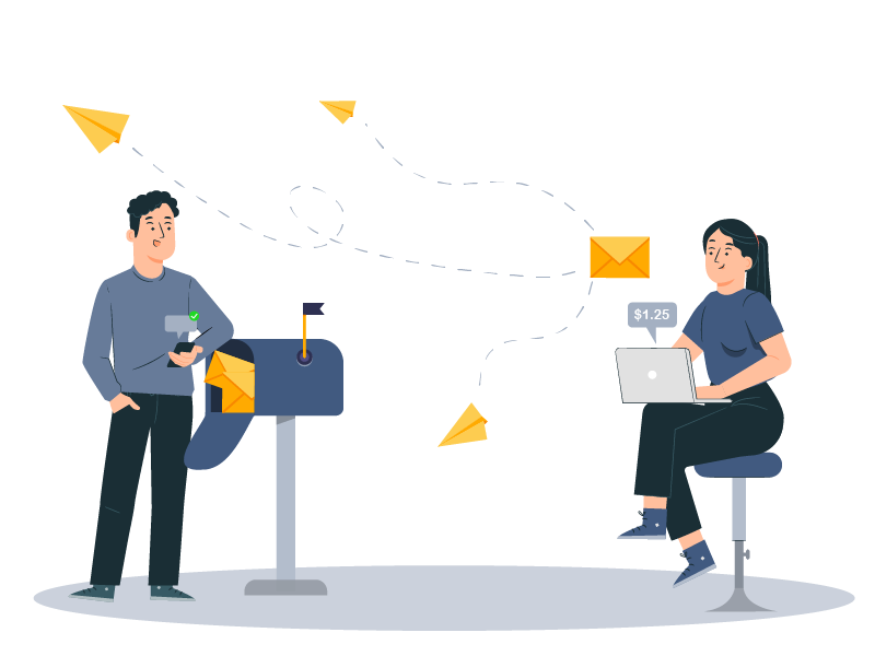 A Man and Woman Sitting on a Chair with Paper Airplanes Flying Around Them, Engaging in Check Mailing at a Low-Cost. Represents Print Checks Software Free