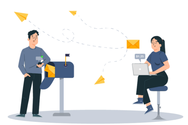 A Man and Woman Sitting on a Chair with Paper Airplanes Flying Around Them, Engaging in Check Mailing at a Low-Cost. Represents Three Checks Per Page