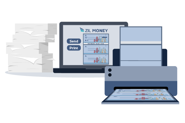 A Printer Is Actively Printing a Check on Blank Check Stock Paper Using Blank Checks Printing Software. There Is a Laptop Displaying a Check Template