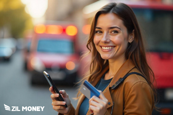 A Woman Holding a Credit Card And A Smartphone, Effortlessly Payment With Credit Card for Emergency Service Sector