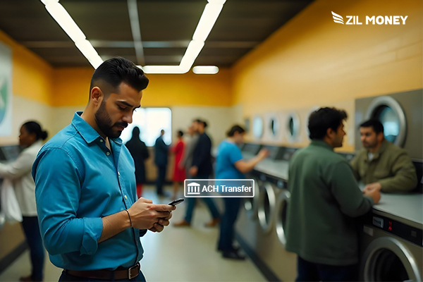 A Person Using a Mobilephone to Make ACH Transfer, A Hassle-Free Way to Make Vendor Payments for Your Dry Cleaning and Laundry Shop