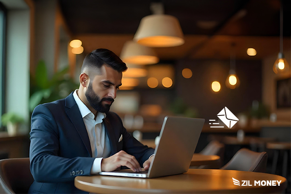 A Businessman Using Laptop to Make Check Mailing Using Platform