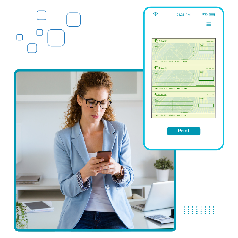A Women Holding a Smartphone Showing Print Checks Cost-Effectively