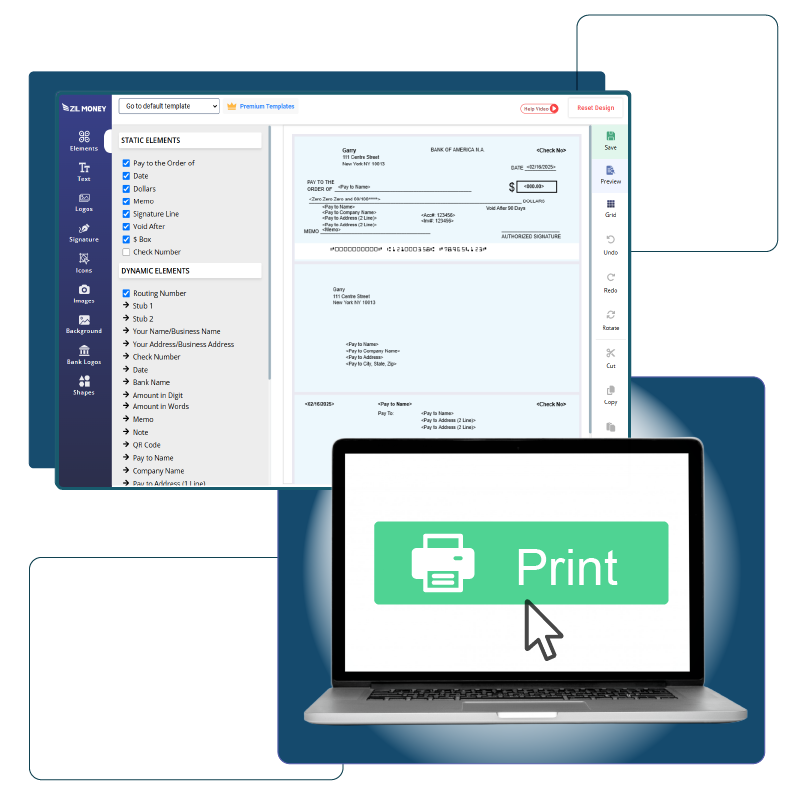 An Image That Shows Print Checks and Save Costs. Bank Checks Create, Print Online On Any Paper Using Any Printer