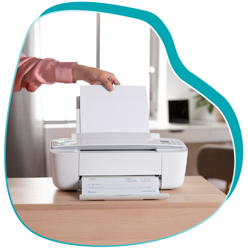 An Image That A Woman Print Checks on Blank Stock Papers. Order Personal Checks, Print On Any Paper, No Special Ink Or Printer Required.