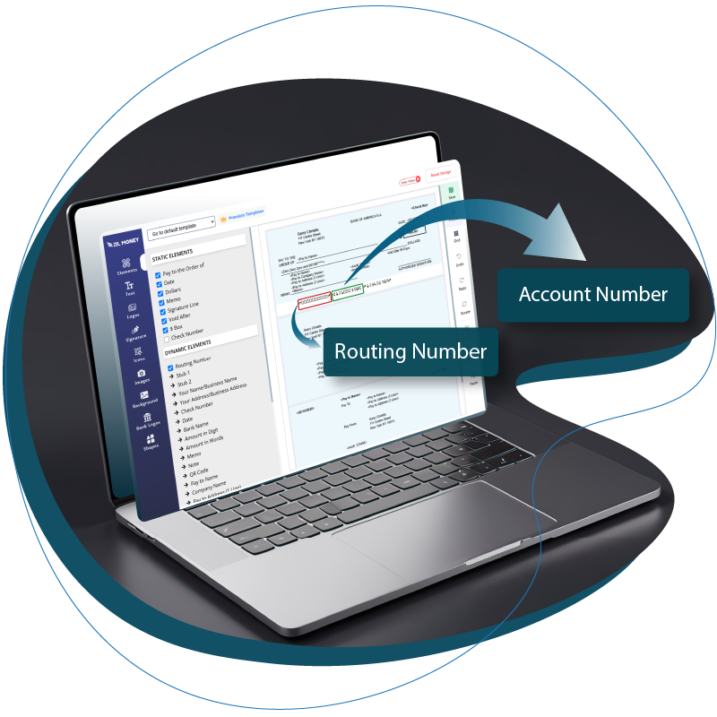 An Image That Shows A Laptop to Print Secure Checks with Routing and Account Numbers. Represents ABA Number, It Is A Unique Identifier For Financial Institutions