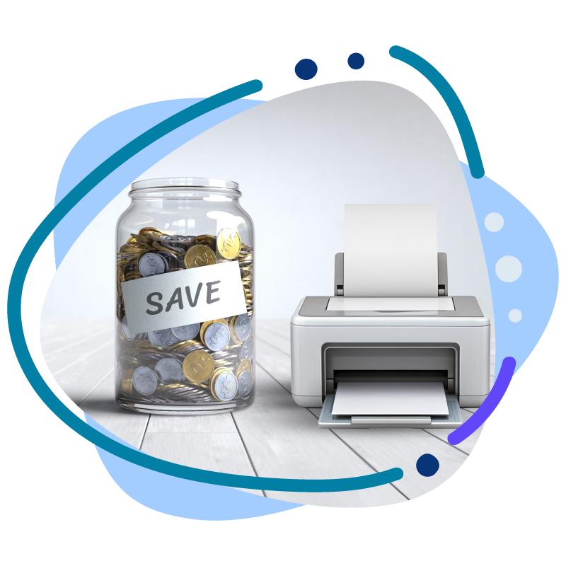 Image Representing Printer and Coins in a Jar. Check Print Register Automatically Track All Transactions