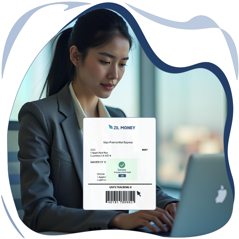 A Woman Using A Laptop For Payments Streamlined Process. Pay & Get Paid, Printable Checks, eChecks. Shipping Label: Easily Create & Print With Payee Details