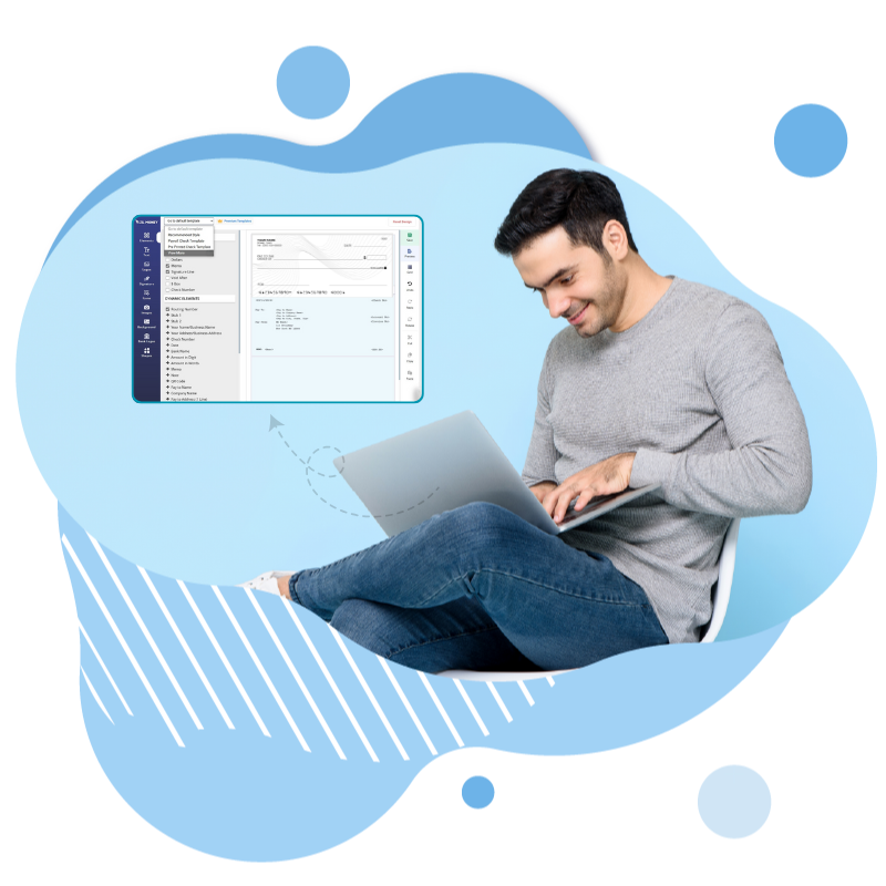 Image Representing a Man Creating Checks via Laptop. Check Printing At Home Using Any Printer/Paper Send Mail/Email