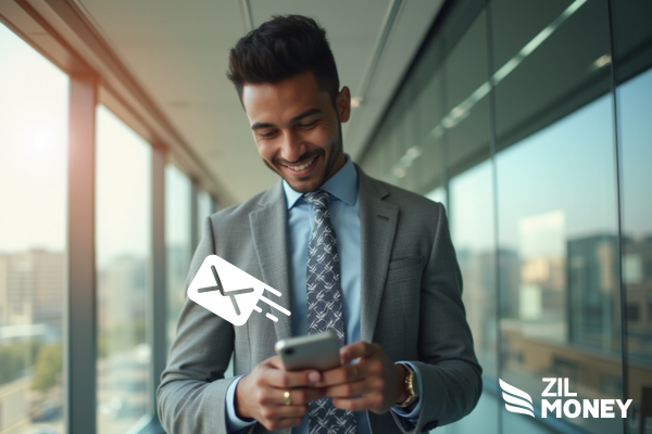 A Man in A Suite Holding a Smartphone Mailing Checks Online