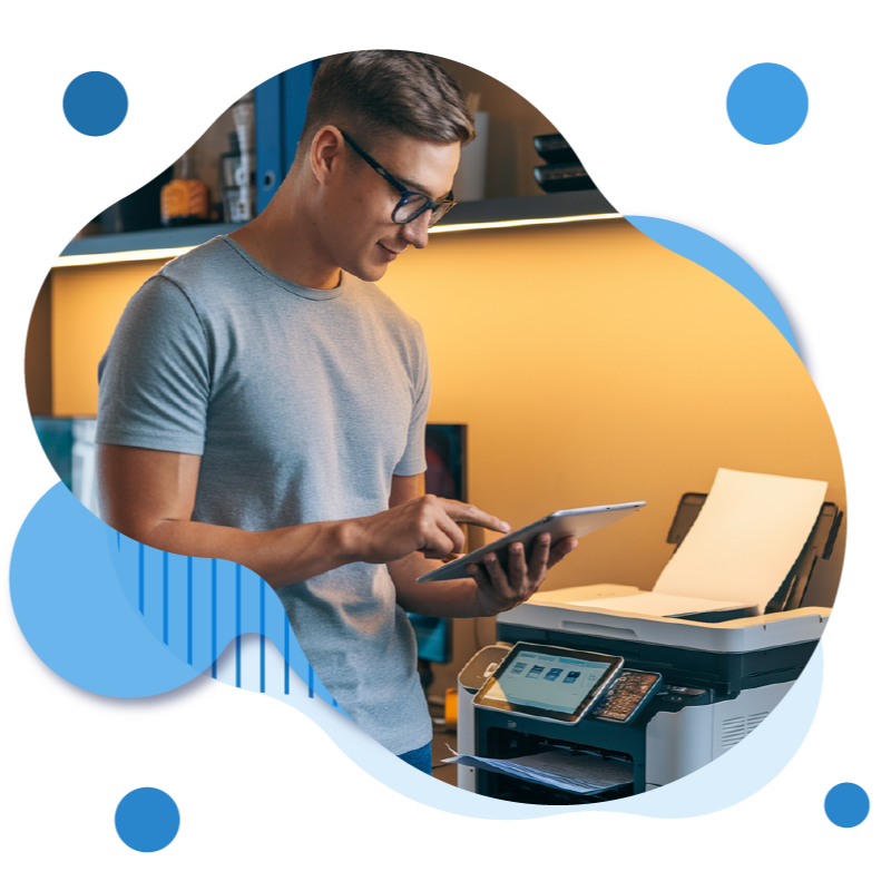 Image Representing a Man Printing Checks From a Regular Printer. Check Printing At Home Using Any Printer/Paper Send Mail/Email