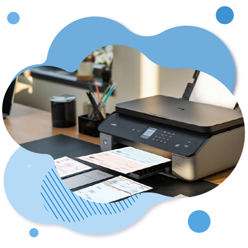 Image Representing a Printer Printing Checks. Check Printing At Home Using Any Printer/Paper Send Mail/Email