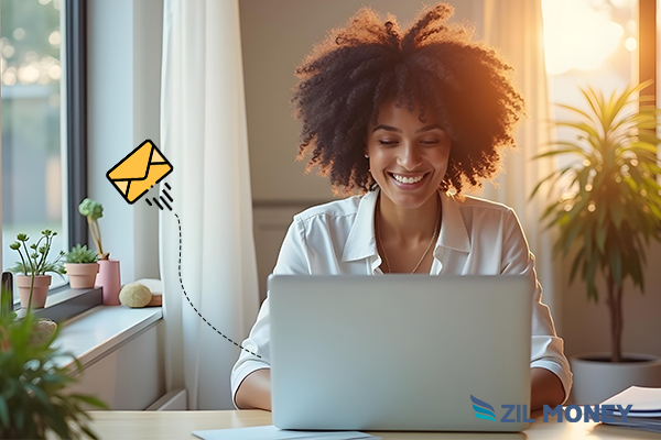 A Women Working on a Laptop Creating And Mailing Checks Online