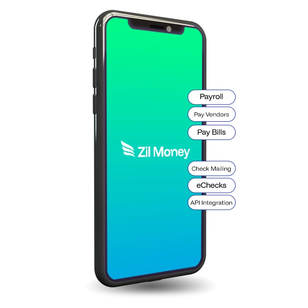 All-in-One Finance Hub – A modern smartphone screen displaying the Zil Money interface, highlighting features like Payroll, Pay Bills, eChecks, and API Integration—representing a complete solution for managing payments and finances in one place.