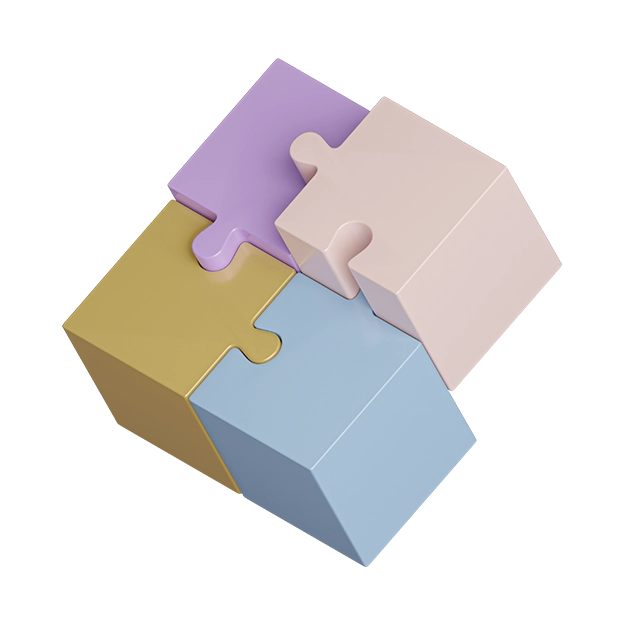Bank and Accounting Software Integration – A 3D puzzle of pastel-colored blocks connecting seamlessly, visually representing smooth integration between finance platforms and software systems.
