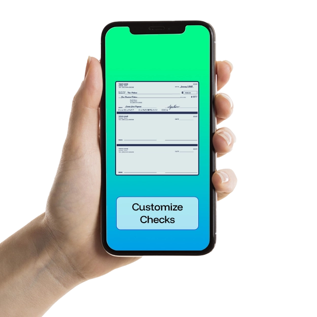 Buy Checks Online – A person holding a phone displaying a check with the 'Customize Checks' button on the screen.