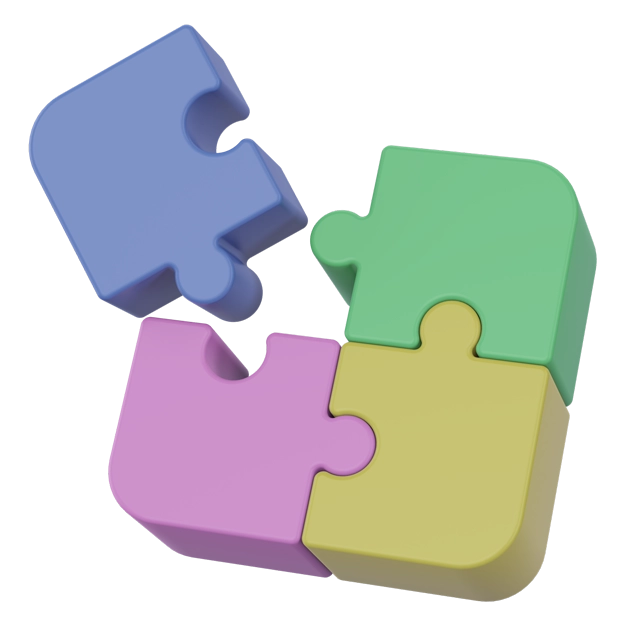 <br />
Effortless Bank & Software Integration: Four colorful puzzle pieces, blue, green, pink, and yellow, are connected together.