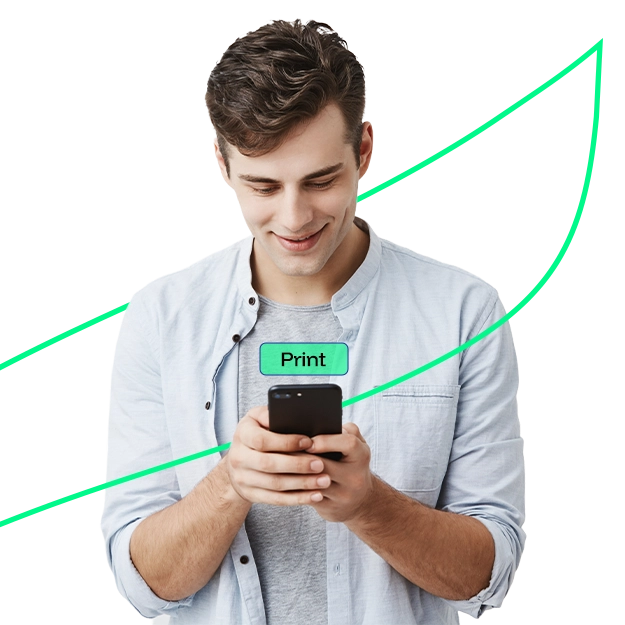 Effortless Payroll Check Printing: A young man with short, dark hair, wearing a light blue button-down shirt over a grey t-shirt, smiles as he looks down at a black smartphone he holds with both hands. A green "Print" button icon floats above the phone screen. Bright green graphic lines curve upwards and around him, suggesting growth or progression. The background is pure white.