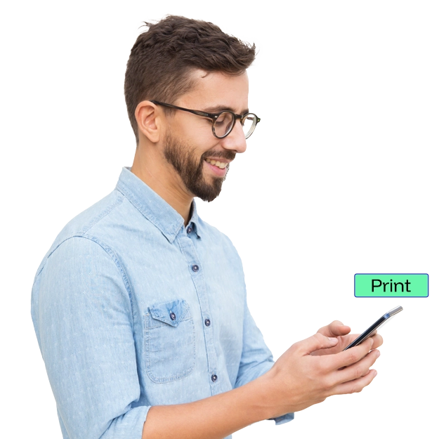 Buy Checks Online – A Man Holding a Phone with a 'Print' Button on the Screen, Smiling While Using the Device.