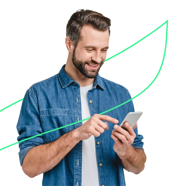 No More Waiting, No More Limits as a Smiling Man in a Denim Shirt Uses His Smartphone, Representing Instant Account Access.