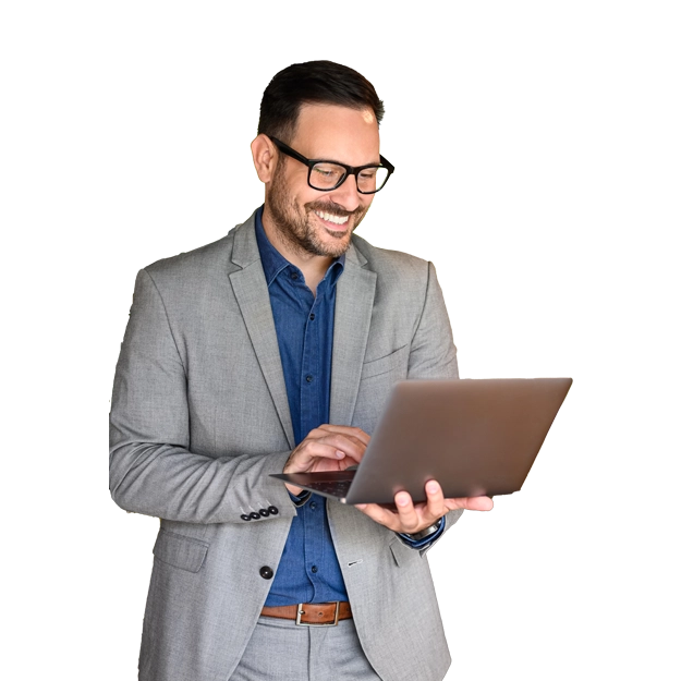 A Man Hlding a Laptop. One-Click Fund Transfers