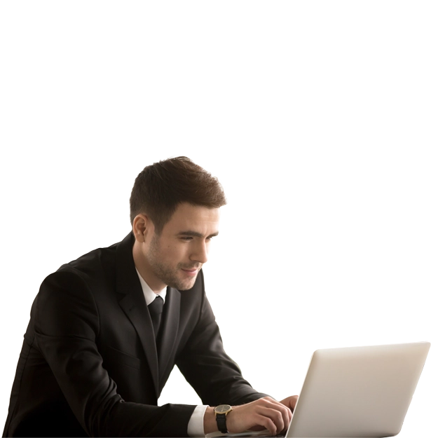 Optimized Financial Control: A smiling man in a suit types on a laptop.