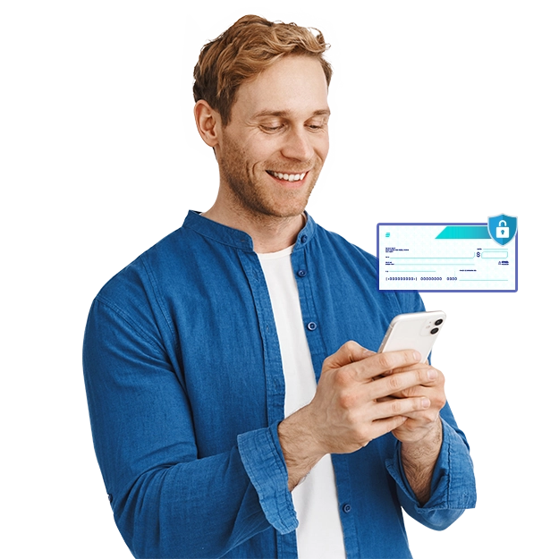 Prevent Check Fraud - a Smiling Man in a Blue Shirt Looks at His White Smartphone, with a Graphic of a Secure Check and a Padlock Icon Floating Next to Him, Symbolizing Fraud Prevention.