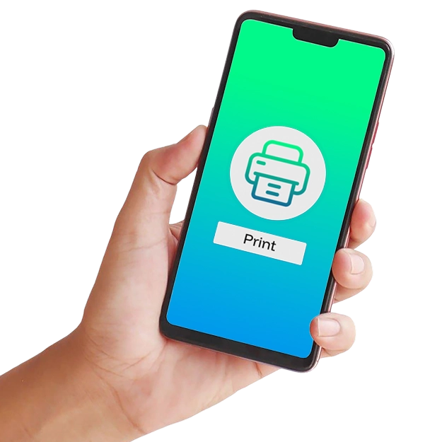 Print Checks Instantly: A hand holds a smartphone displaying a green and blue screen with a white circle containing a printer icon. Below the icon, there's a white button with the word "Print" on it. The background is white and slightly blurred.