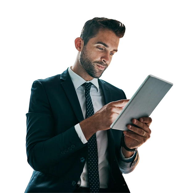 Print Smart, Pay Smarter with a Confident Businessman in a Suit Using a Tablet, Symbolizing Efficient Check Printing and Payments.