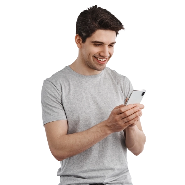 Smiling Man Using Smartphone, Representing Seamless Accounting Integration Through Mobile Finance Tools.