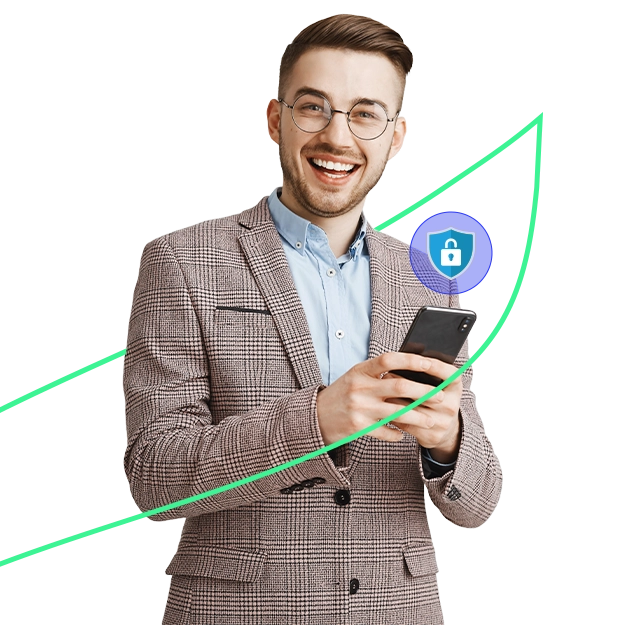 Smiling Man Using Smartphone, Representing Digital Finance with Security You Can Trust.