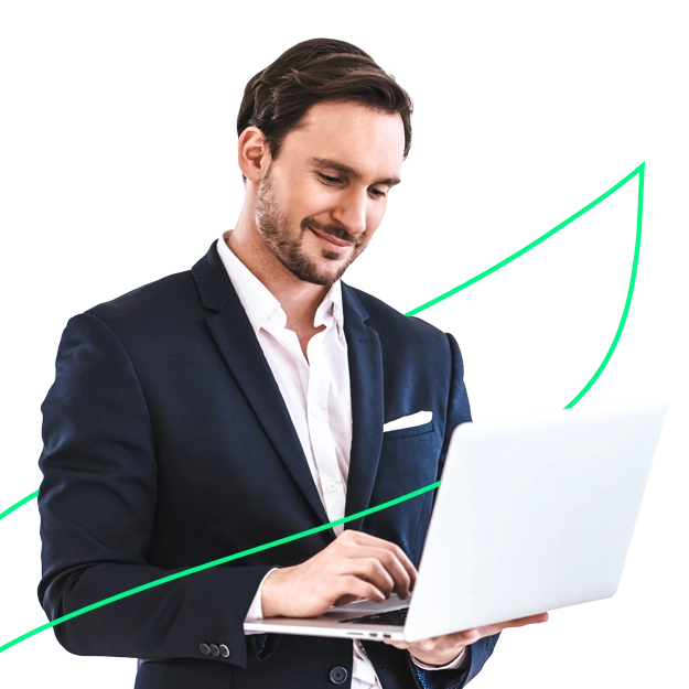 A Man Using A Laptop To Make Payroll Credit Card Payment Via ACH and Wire. Represents UKG Payroll Integration: Fund Payroll with Credit Cards