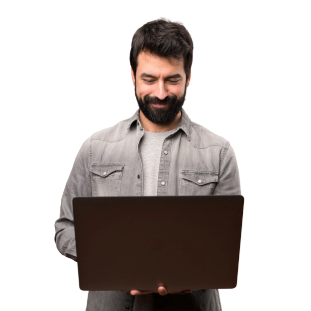 A smiling man looks at his laptop, conveying the ease and efficiency of how businesses can accept credit card payments.