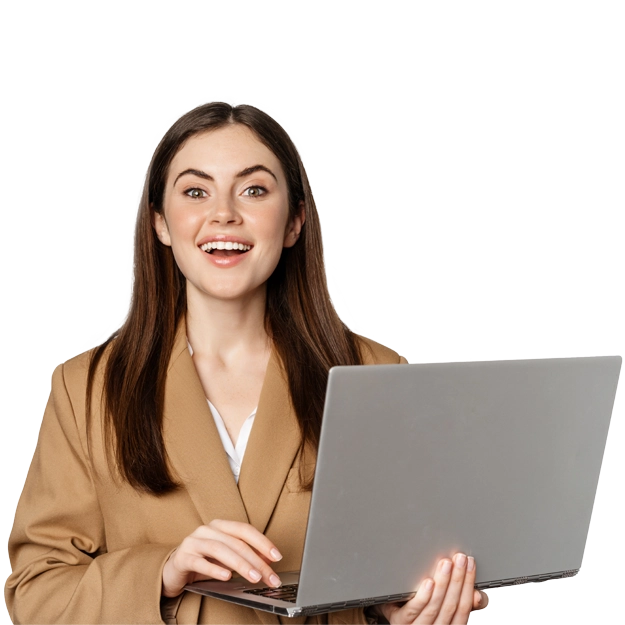 A smiling woman holding a laptop illustrates the convenience to Access Payments on Any Device securely.