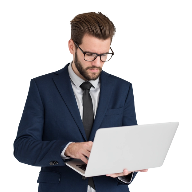 <br />
A professional man in a suit and glasses uses a laptop, symbolizing the convenience to Access Your Finances Anywhere.