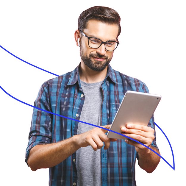 A Man Using A Tablet to Make Payment Easily. Paycom Payroll By Credit Card, Ensure Timely Employee Payment