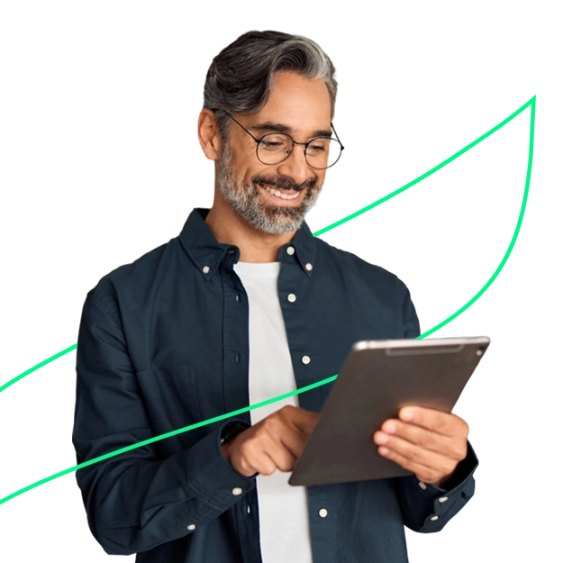 Print Smarter, Spend Less: A smiling man with glasses and a beard looks down at a tablet he is holding, with an abstract green line graph rising in the background, suggesting growth and efficiency.